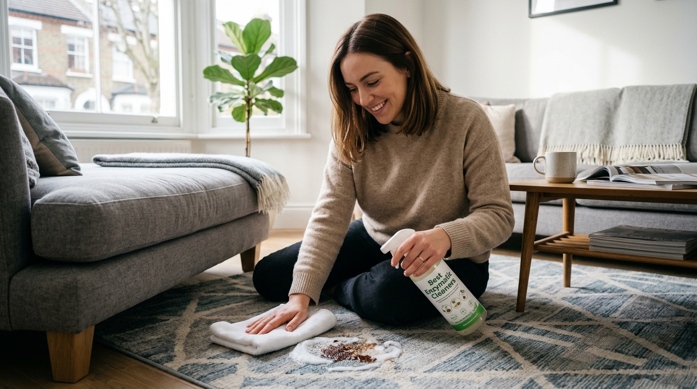 Person using Best Enzymatic Cleaners Carpets Upholstery in a home setting