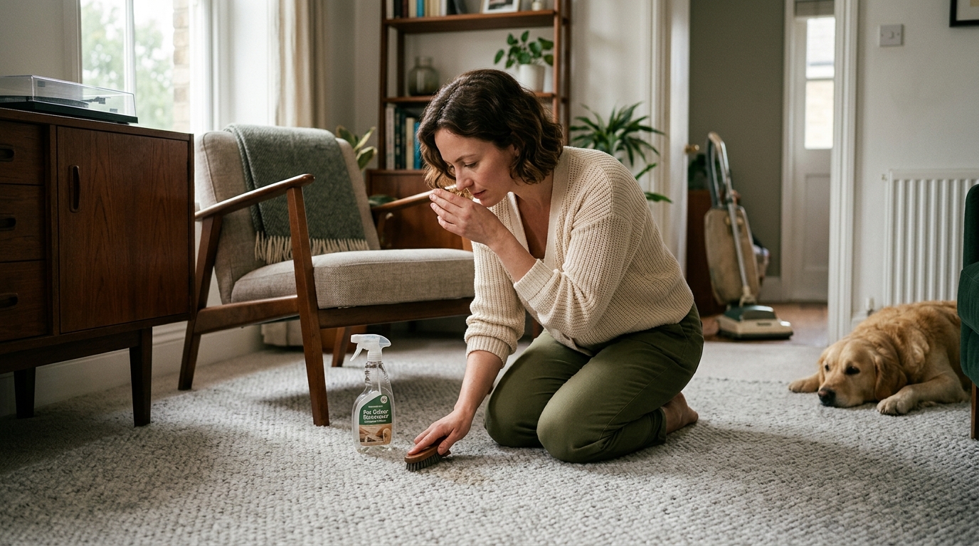 Person using Why Pet Urine Smell Lingers After Cleaning in a home setting