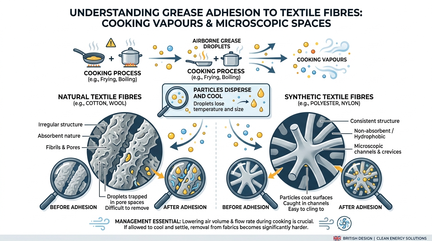 A detailed diagram illustrating how airborne grease droplets and cooking vapours adhere to the microscopic spaces between synthetic and natural textile fibres