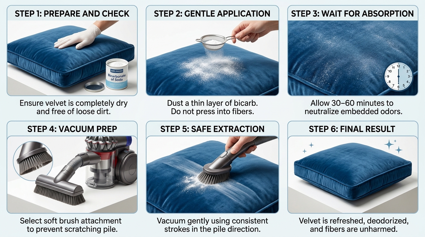 A step-by-step visual showing how to safely apply and vacuum dry bicarbonate of soda on a velvet sofa cushion, including a soft-bristled brush tool