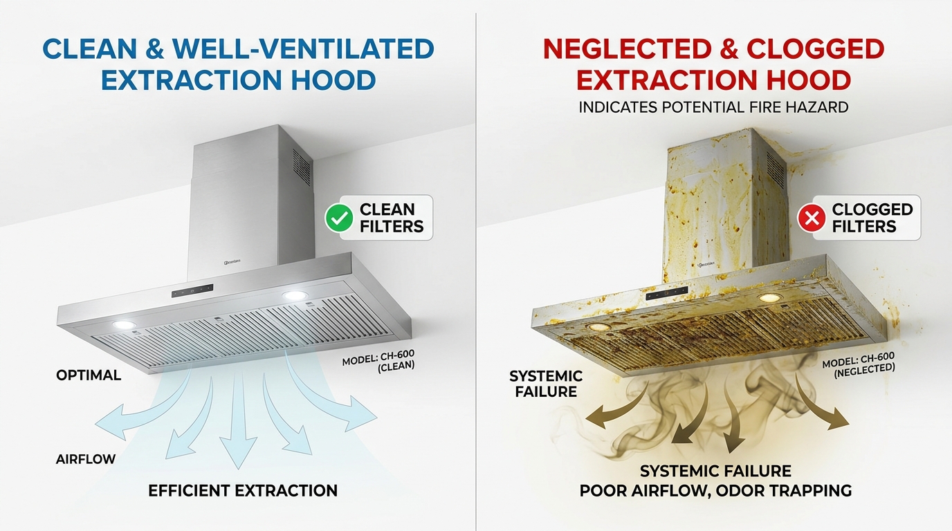 A split-view graphic showing a clean, well-ventilated cooker extraction hood with clean filters versus a neglected extraction hood clogged with yellow grease deposits