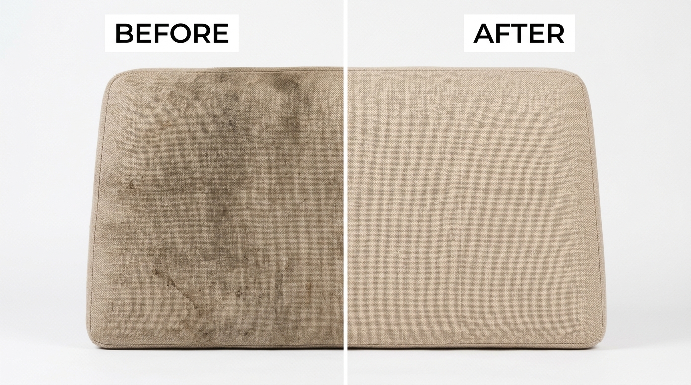 A split-view photograph of a fabric upholstered chair cushion, showing the left half darkened with grease residue from cooking and the right half fully restored and clean after treatment