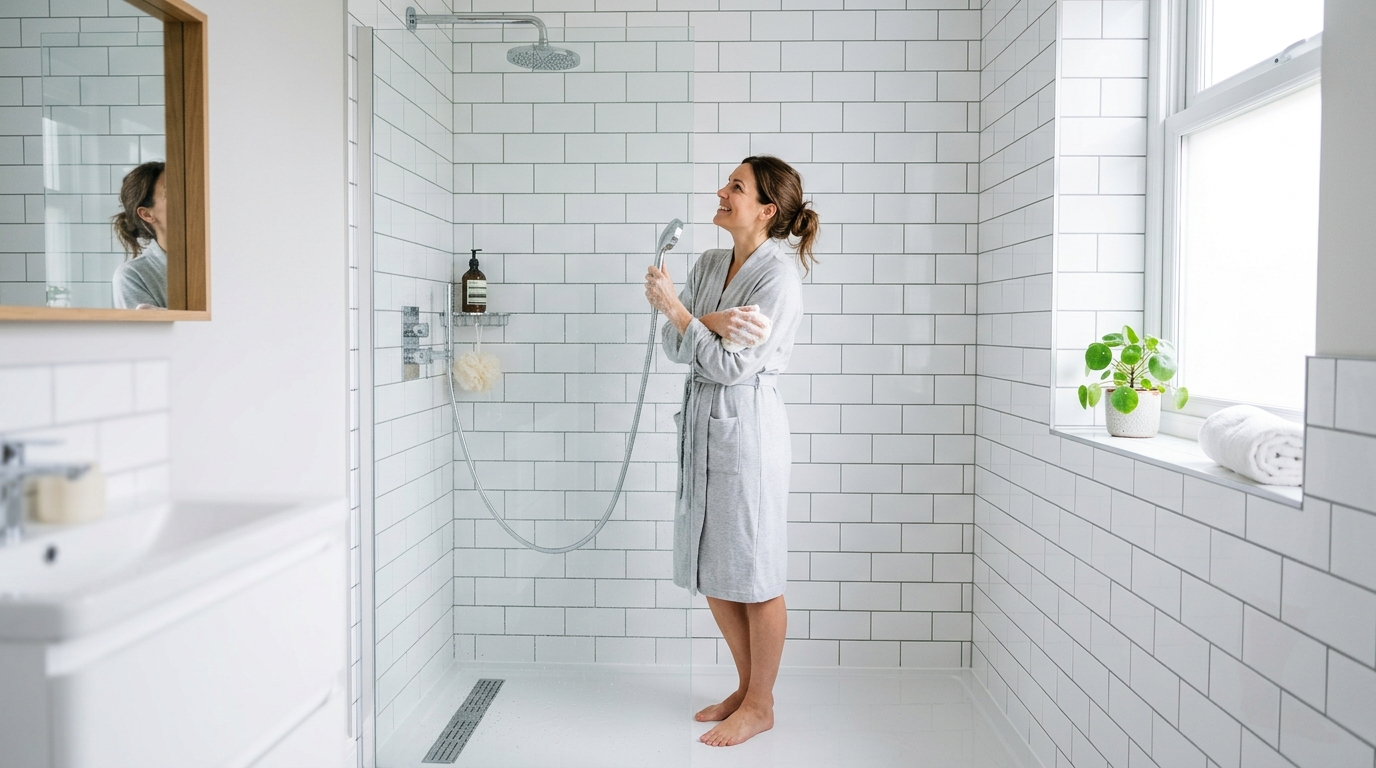 A clean, modern bathroom shower cubicle with white subway tiles and pristine grey grout, illuminated by natural light from a window, demonstrating complete removal of mould.