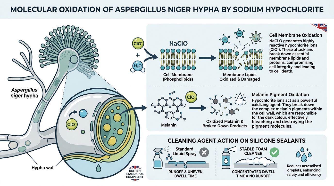 A detailed diagram of a single fungal hypha of Aspergillus niger, illustrating the molecular level oxidation of its cell membrane and melanin pigments by sodium hypochlorite.