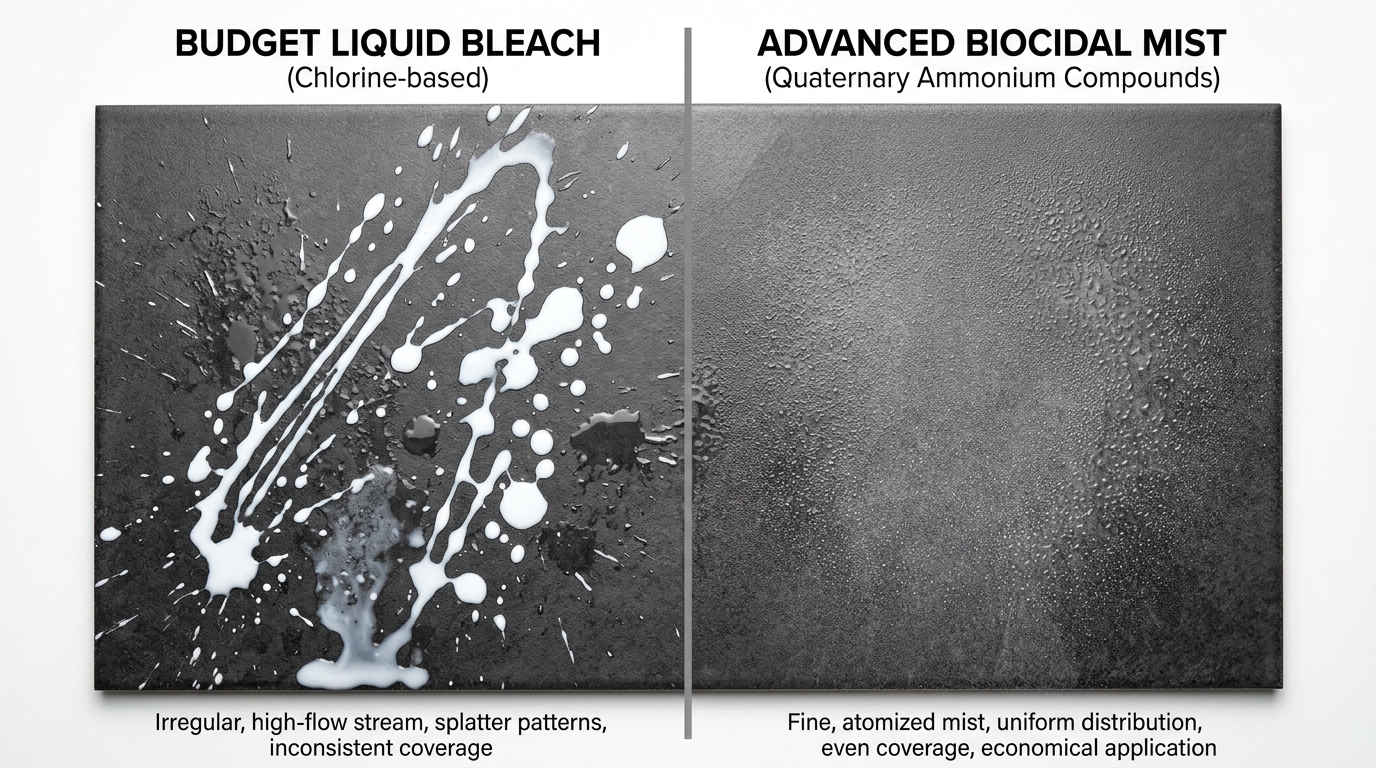 A split view comparing the spray patterns on a dark tile: on the left, an uneven, high-velocity stream of budget liquid bleach; on the right, a fine, uniform biocidal mist.